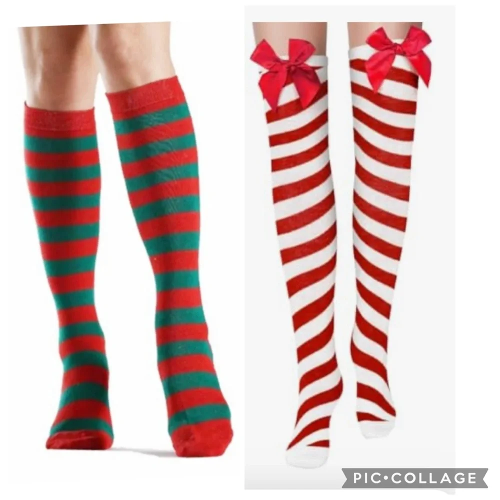 2 Pairs Christmas Knee High Socks Red White Bow & Green Red Striped
